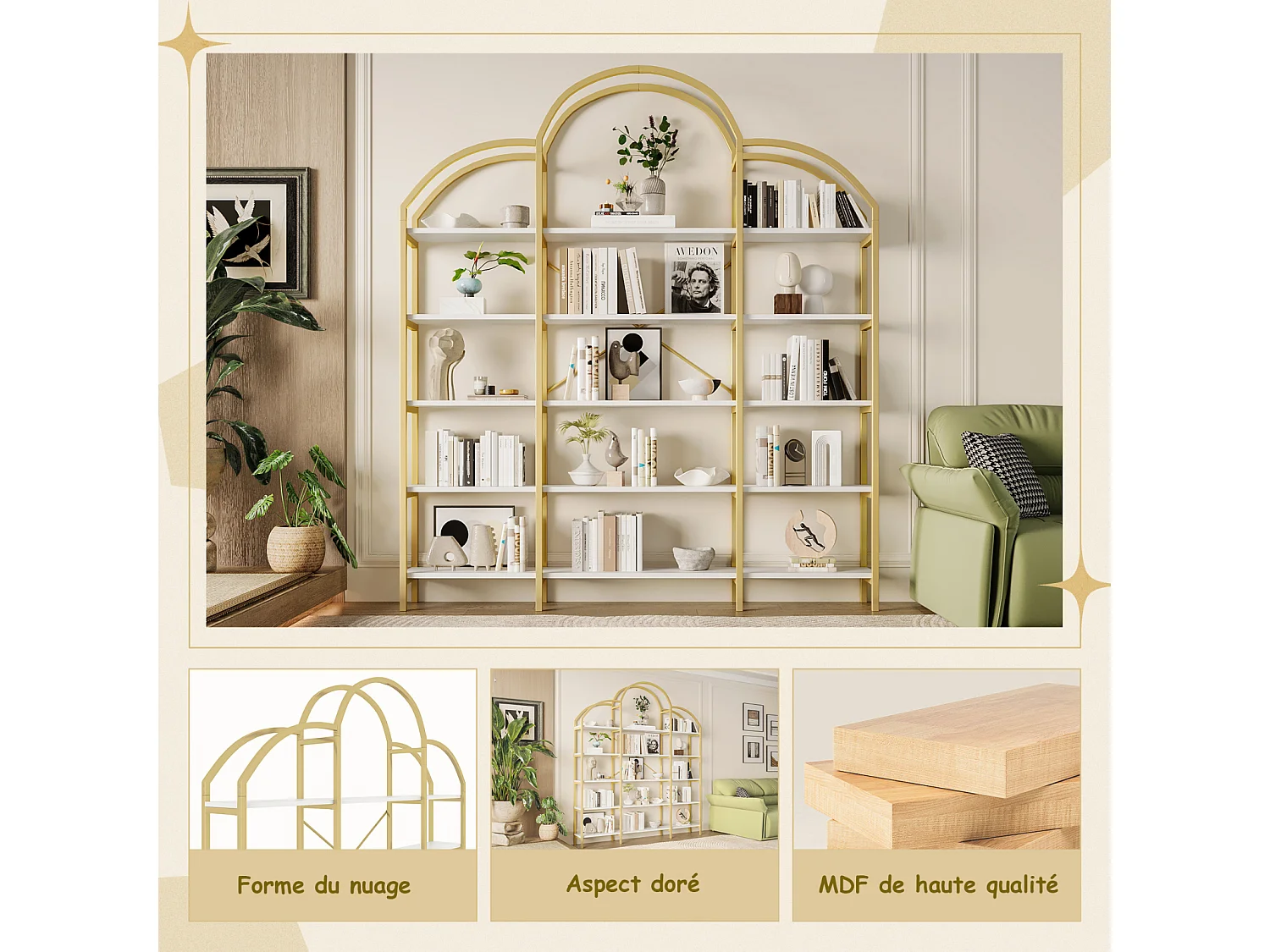 Étagère à 5 niveaux - design nuage unique - 170 x 26 x 190 cm - or