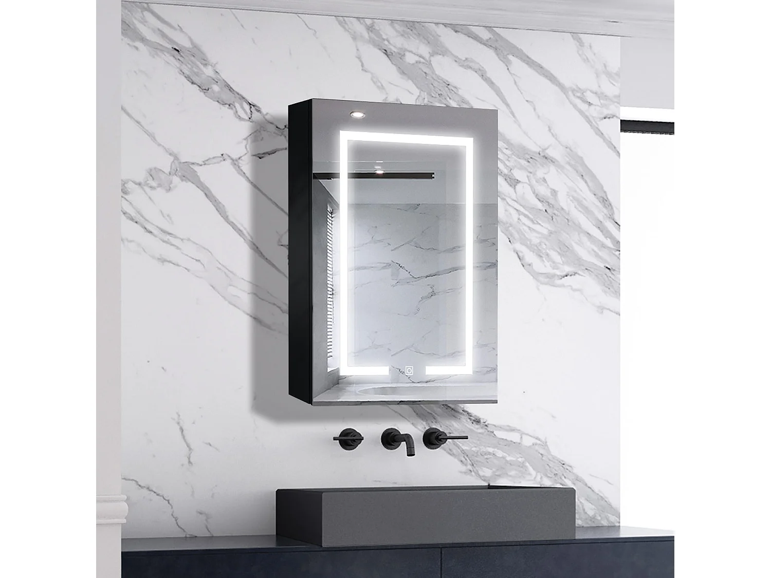 AICA LED Spiegelschrank 50x70cm,Beschlagfrei,3 Lichtfarbe,Dimmbar,Steckdose - Hochglanz Schwarz