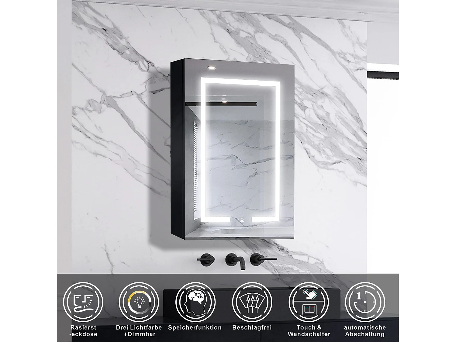 AICA LED Spiegelschrank 50x70cm,Beschlagfrei,3 Lichtfarbe,Dimmbar,Steckdose - Hochglanz Schwarz