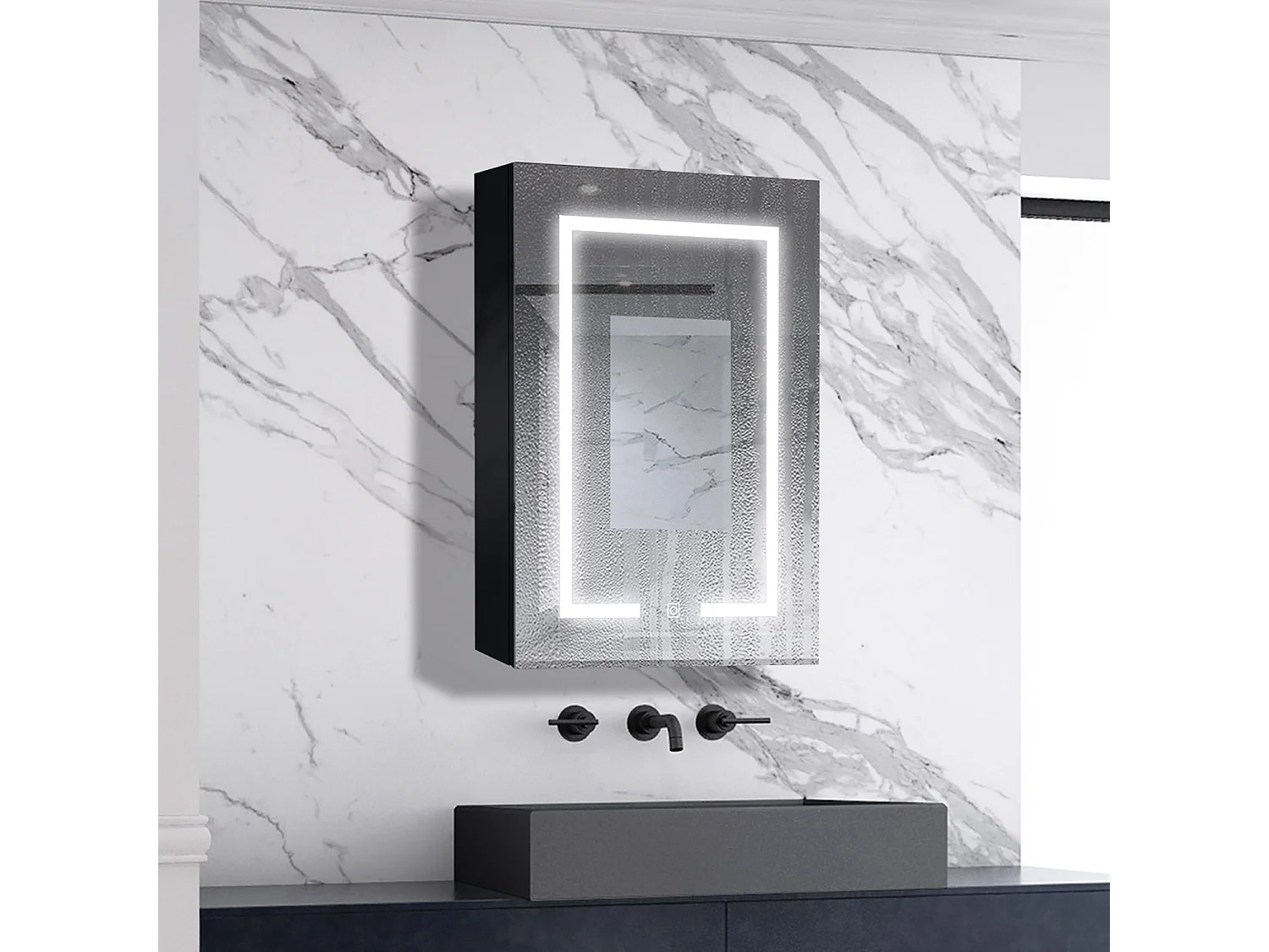 AICA LED Spiegelschrank 50x70cm,Beschlagfrei,3 Lichtfarbe,Dimmbar,Steckdose - Hochglanz Schwarz