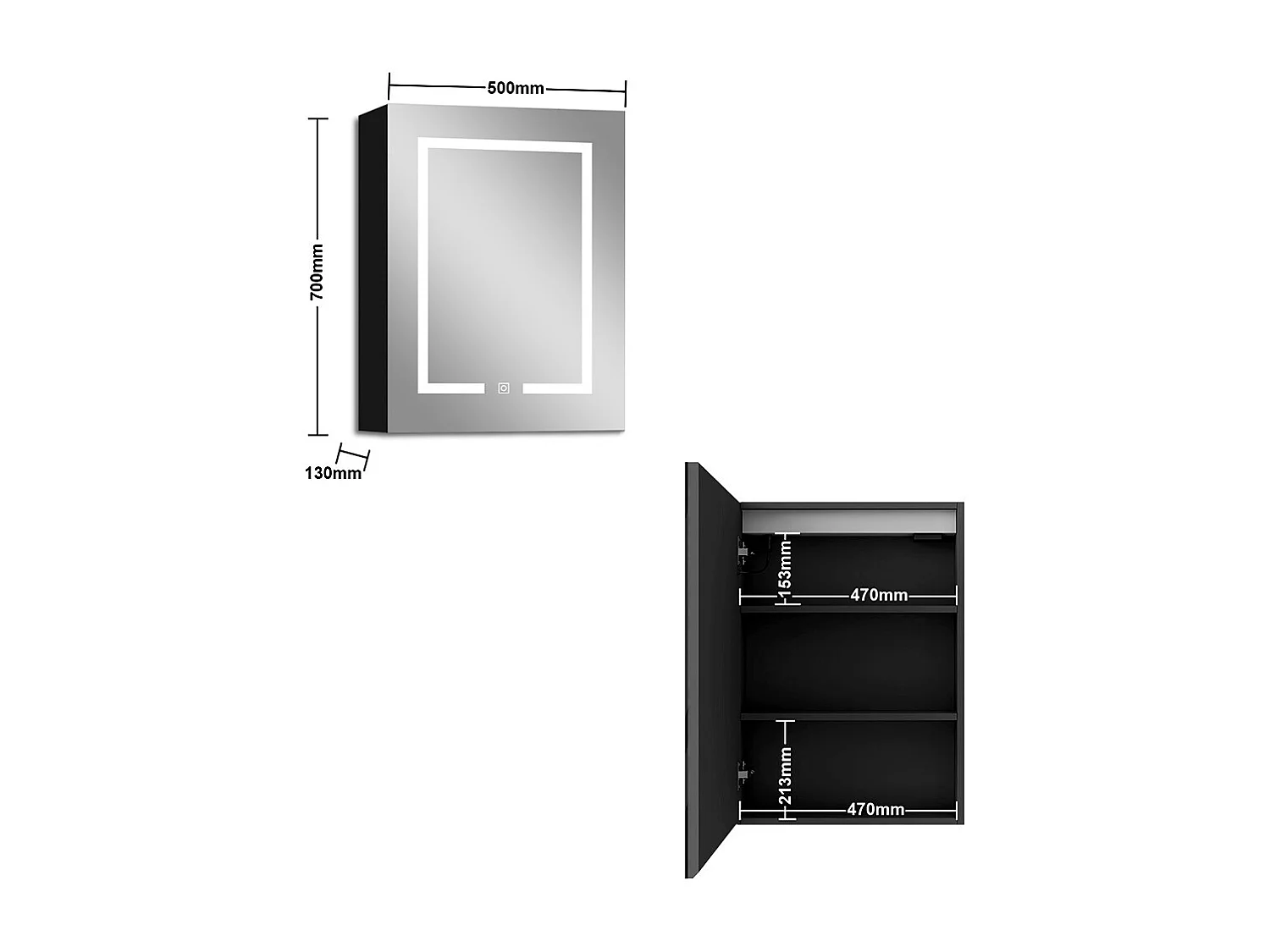 AICA LED Spiegelschrank 50x70cm,Beschlagfrei,3 Lichtfarbe,Dimmbar,Steckdose - Hochglanz Schwarz