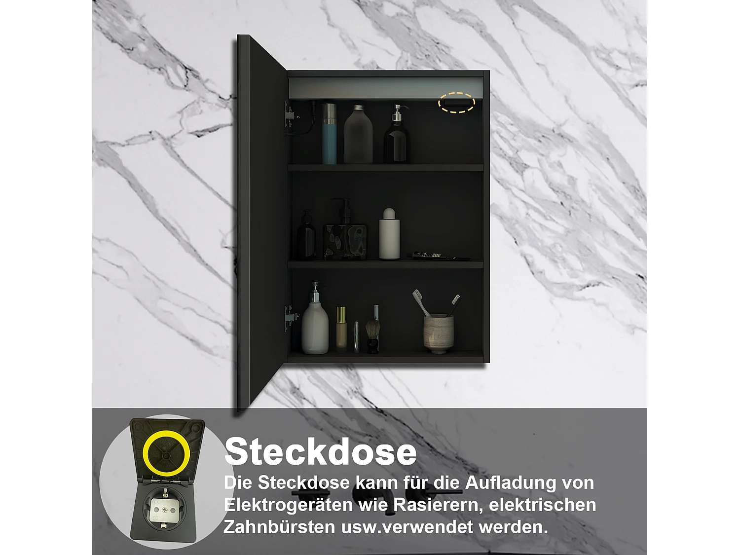 AICA LED Spiegelschrank 60x70cm,Beschlagfrei,3 Lichtfarbe,Dimmbar,Steckdose - Hochglanz Schwarz