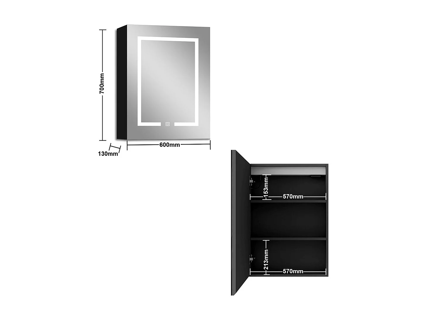 AICA LED Spiegelschrank 60x70cm,Beschlagfrei,3 Lichtfarbe,Dimmbar,Steckdose - Hochglanz Schwarz