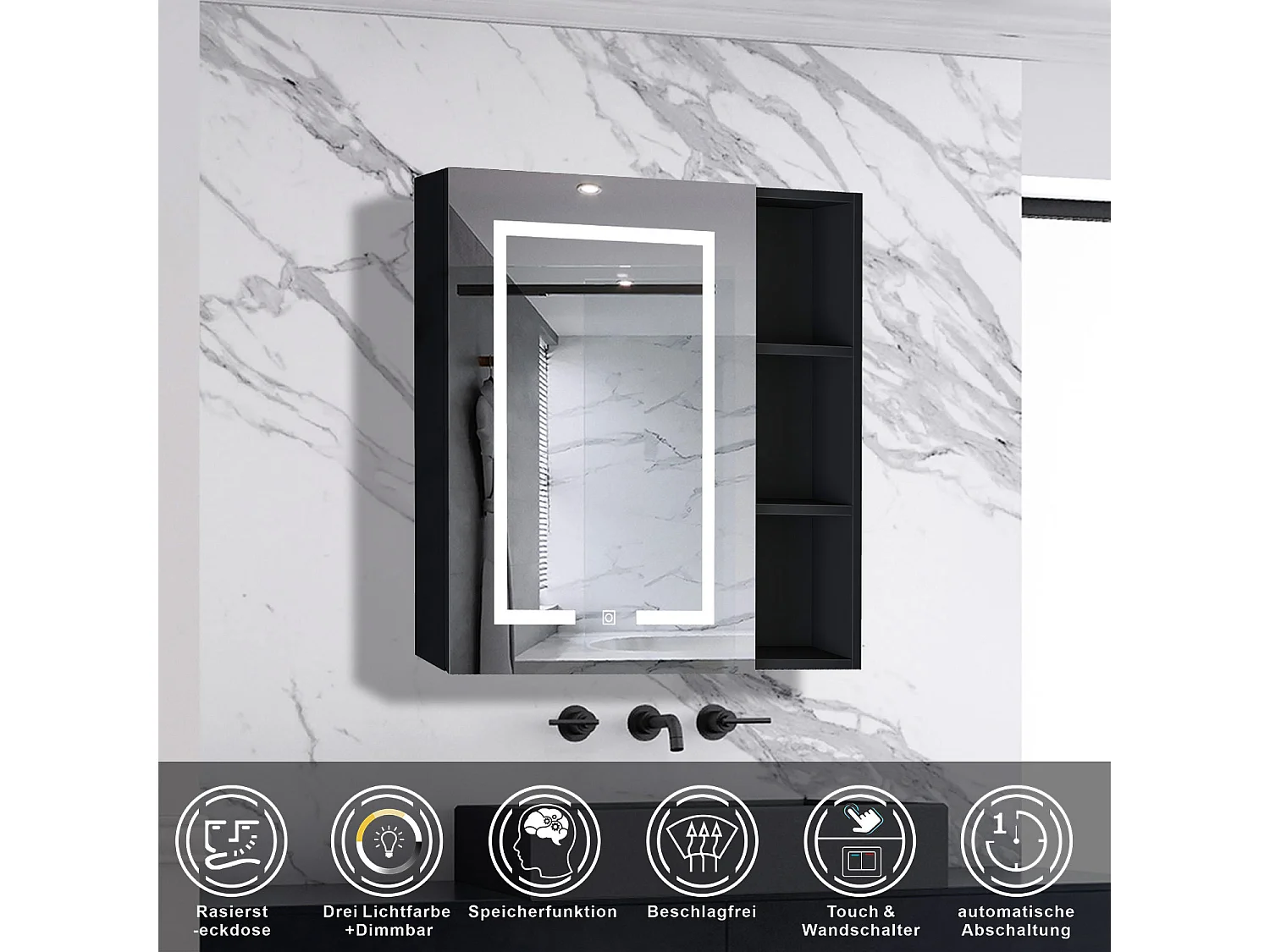 AICA LED Spiegelschrank mit Seiteschrank 60x70cm,Beschlagfrei,3 Lichtfarbe,Dimmbar,Steckdose - Hochglanz Schwarz