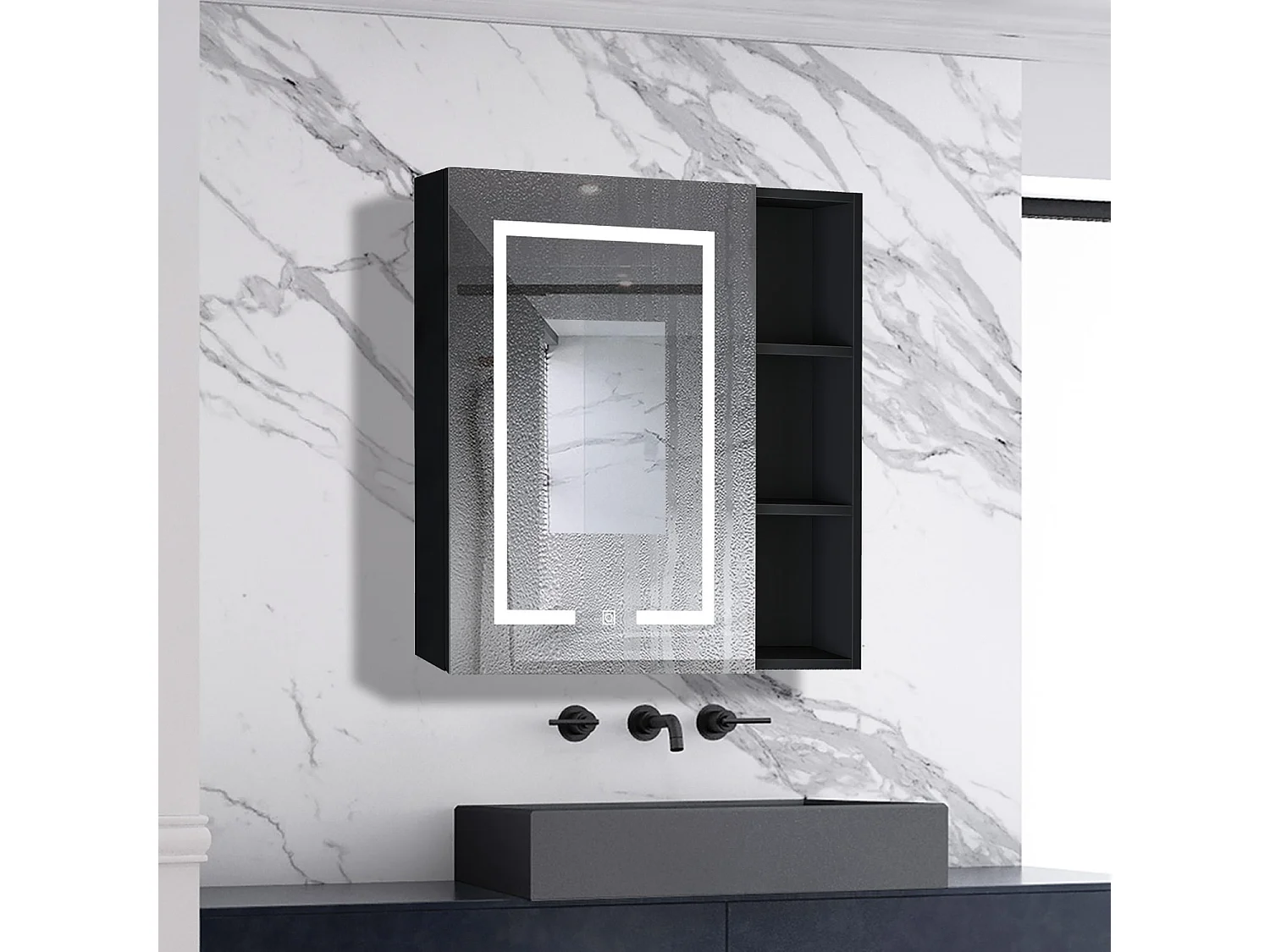 AICA LED Spiegelschrank mit Seiteschrank 60x70cm,Beschlagfrei,3 Lichtfarbe,Dimmbar,Steckdose - Hochglanz Schwarz