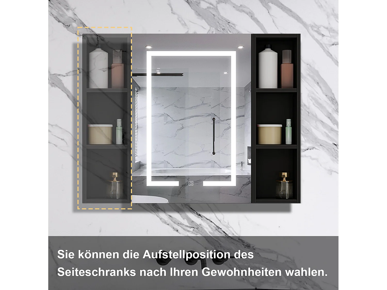 AICA LED Spiegelschrank mit Seiteschrank 60x70cm,Beschlagfrei,3 Lichtfarbe,Dimmbar,Steckdose - Hochglanz Schwarz