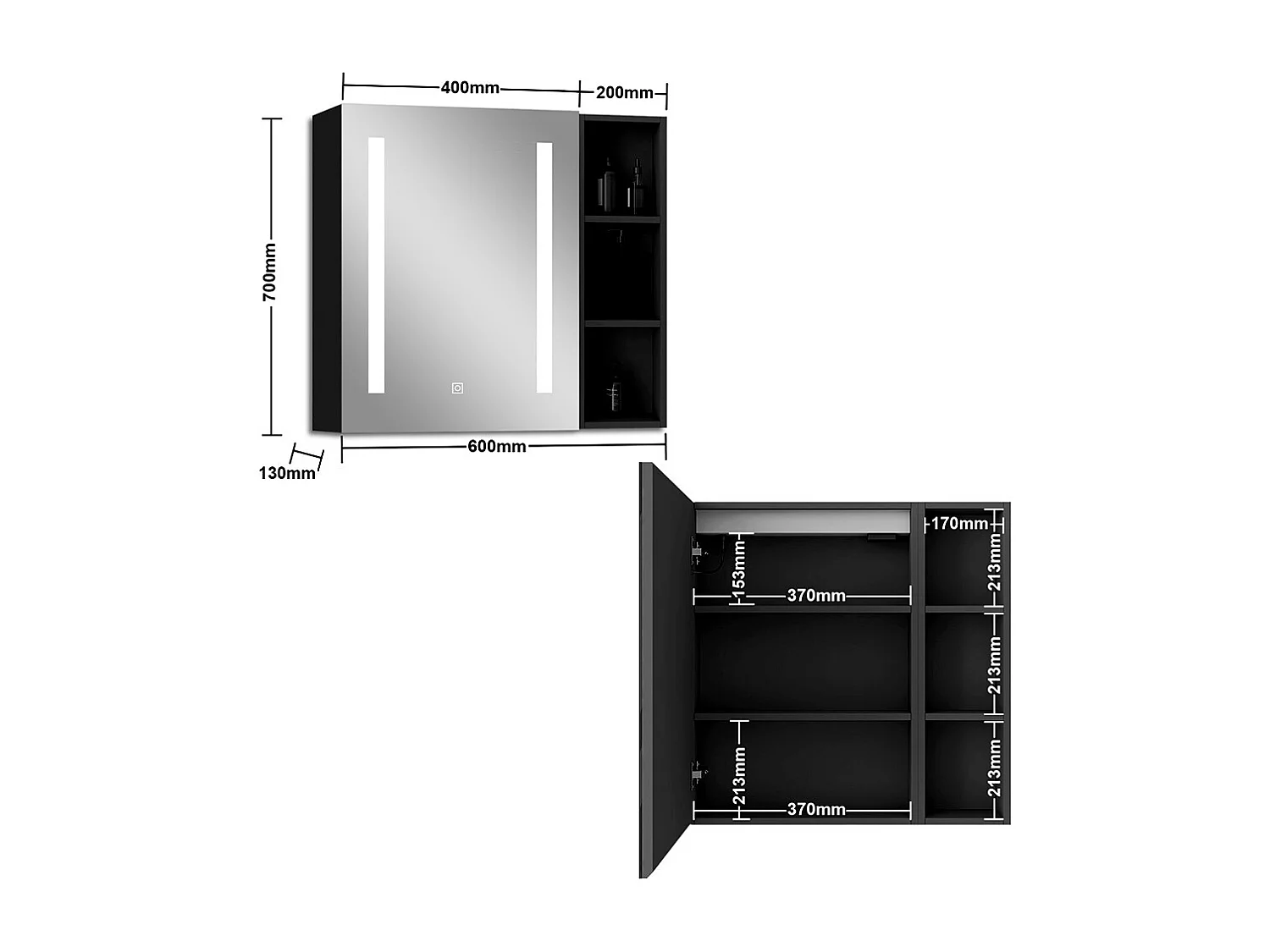 AICA LED Spiegelschrank mit Seiteschrank 60x70cm,Beschlagfrei,3 Lichtfarbe,Dimmbar,Steckdose - Hochglanz Schwarz