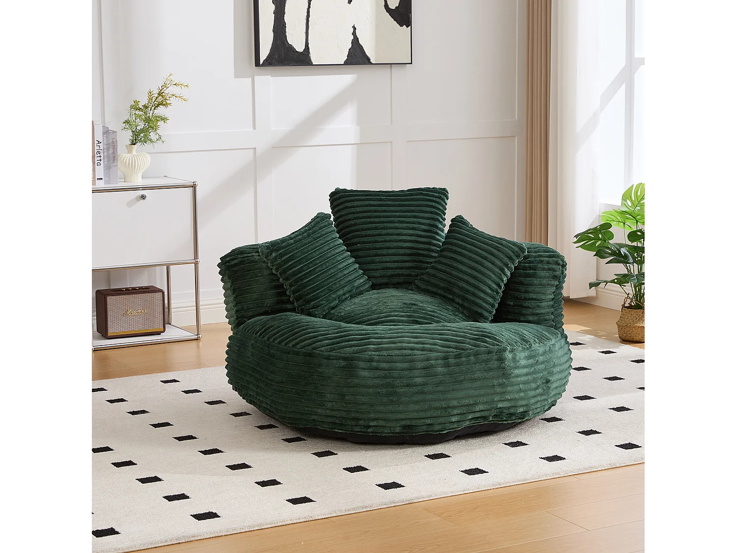 Fauteuil pouf en velours côtelé - Avec 3 coussins - Vert émeraude