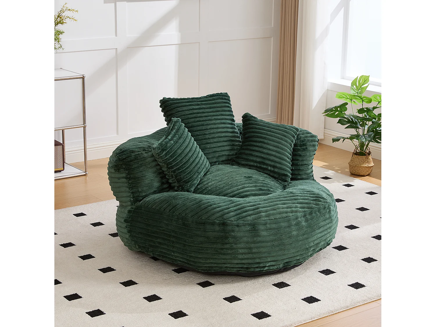 Fauteuil pouf en velours côtelé - Avec 3 coussins - Vert émeraude