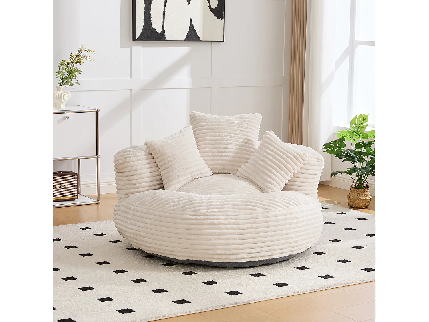 Fauteuil pouf en velours côtelé - Avec 3 coussins - Beige
