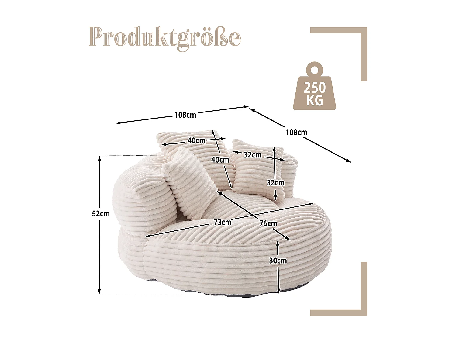 Fauteuil pouf en velours côtelé - Avec 3 coussins - Beige