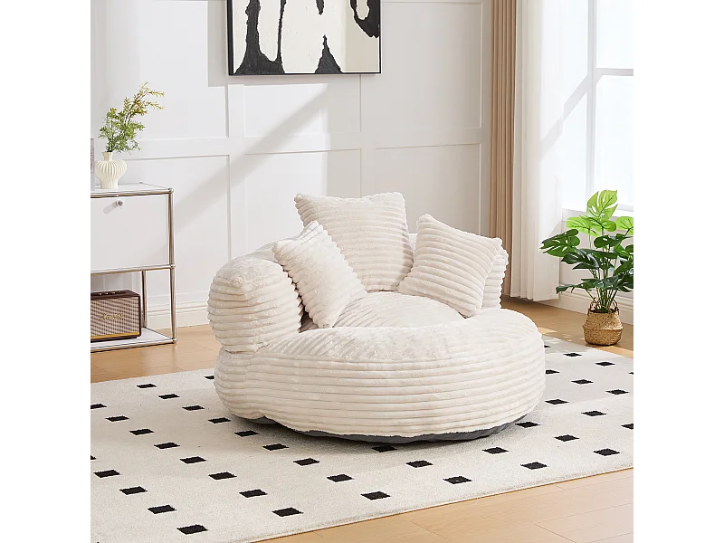 Fauteuil pouf en velours côtelé - Avec 3 coussins - Beige