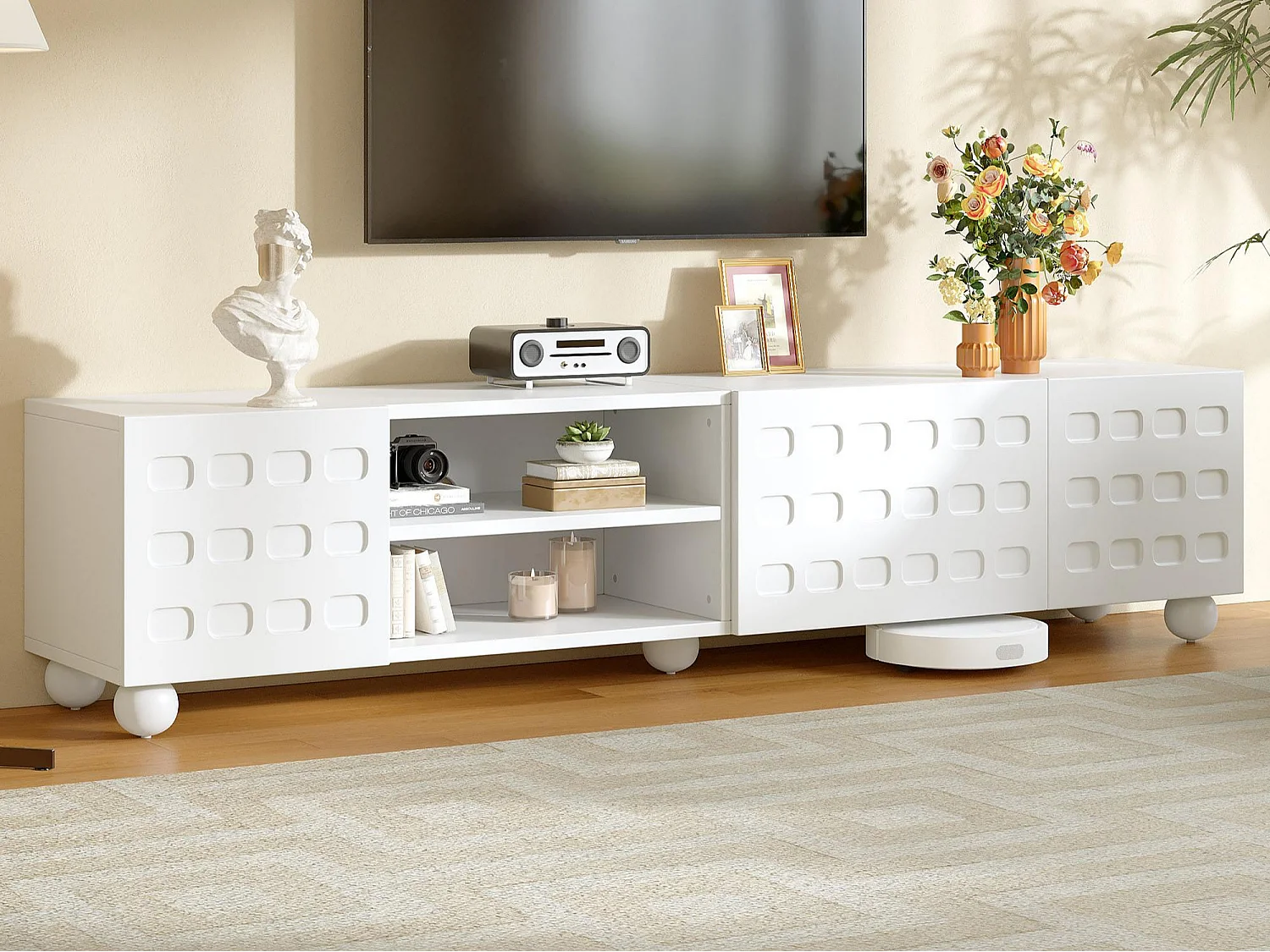 TV-Schrank 200x40x44 cm - 3 Türen - Halboffene Ablage - Bedruckte Türen - Spanplatten - Weiß