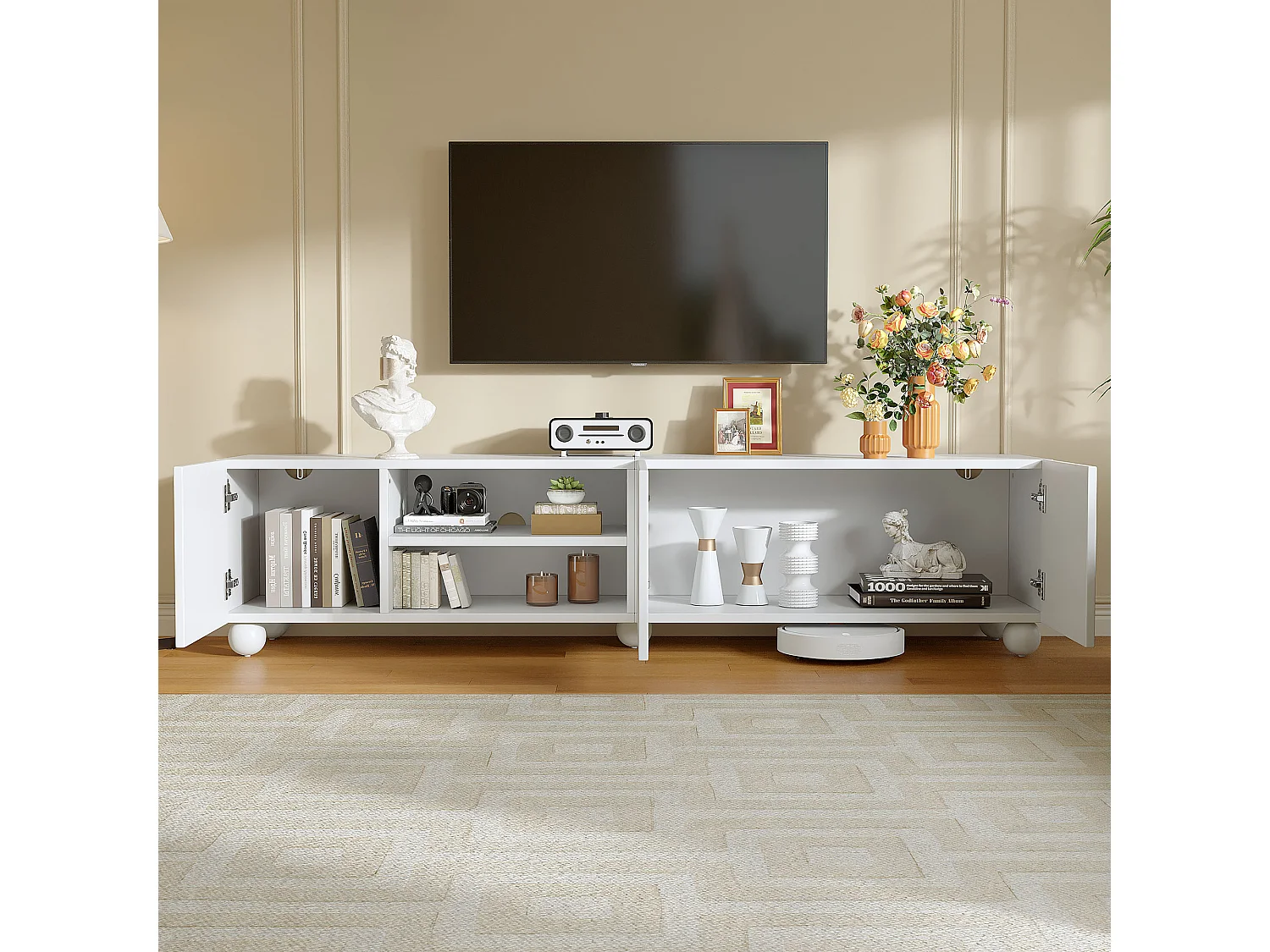 TV-Schrank 200x40x44 cm - 3 Türen - Halboffene Ablage - Bedruckte Türen - Spanplatten - Weiß