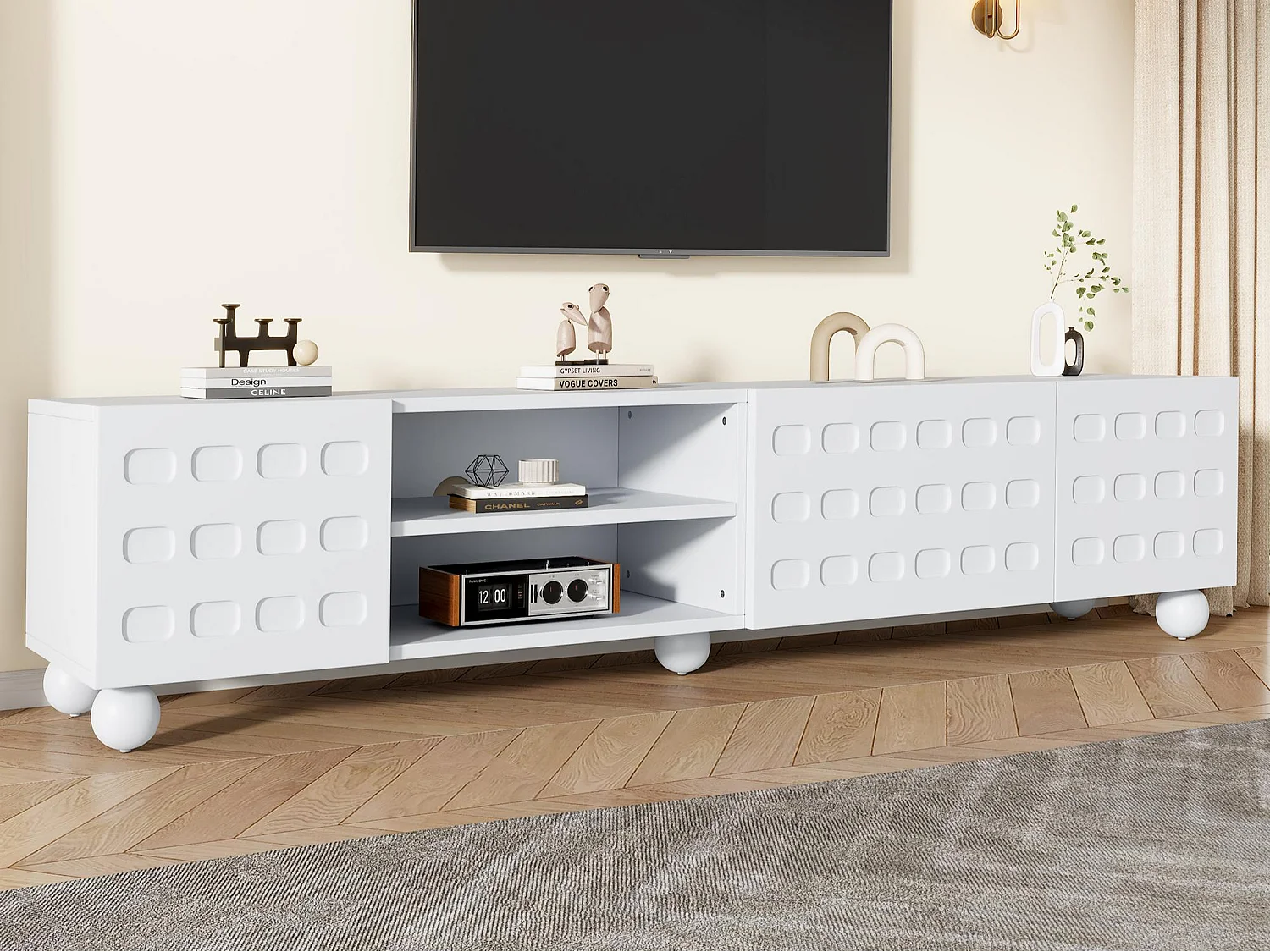 TV-Schrank 200x40x44 cm - 3 Türen - Halboffene Ablage - Bedruckte Türen - Spanplatten - Weiß