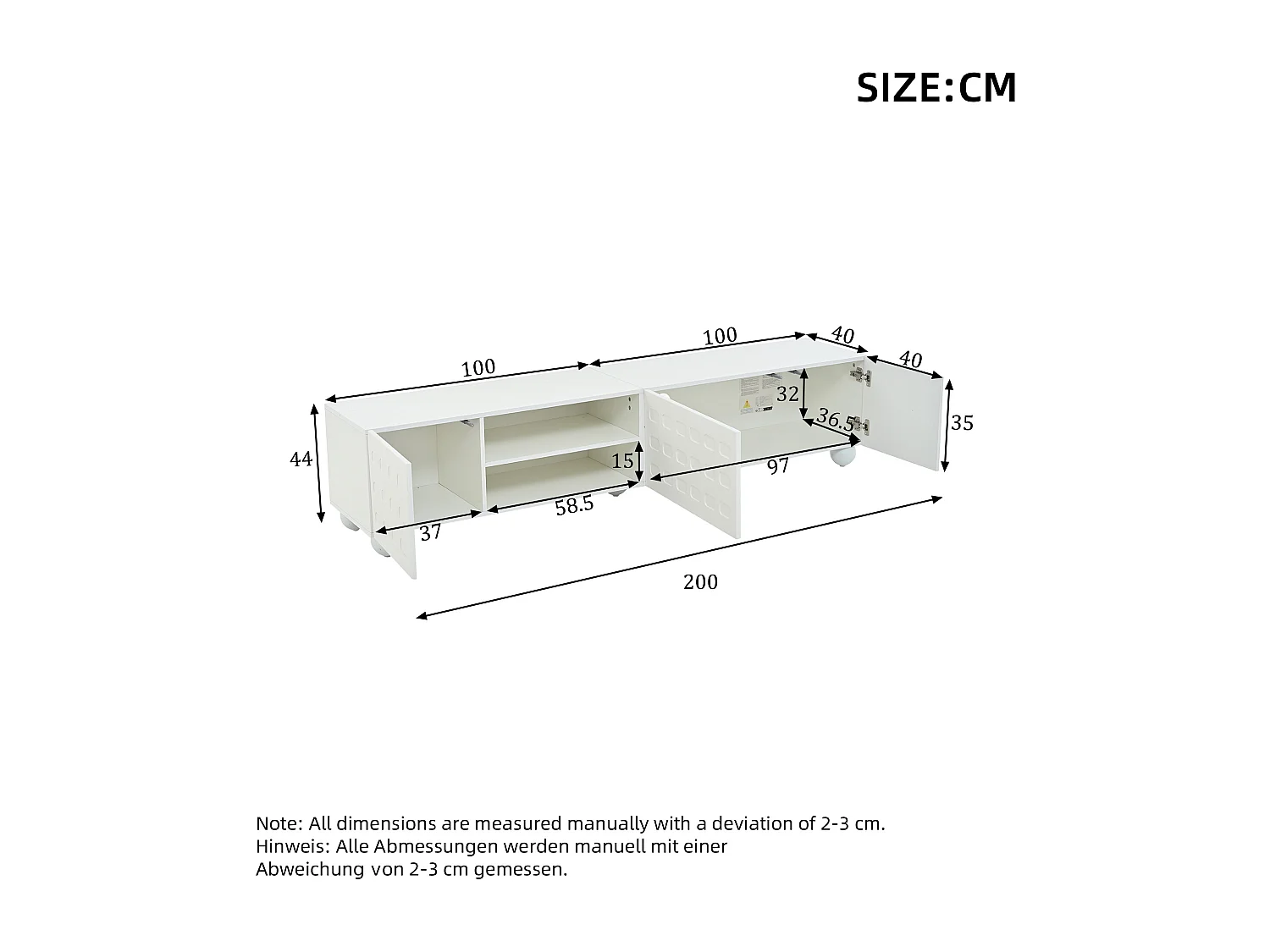 TV-Schrank 200x40x44 cm - 3 Türen - Halboffene Ablage - Bedruckte Türen - Spanplatten - Weiß