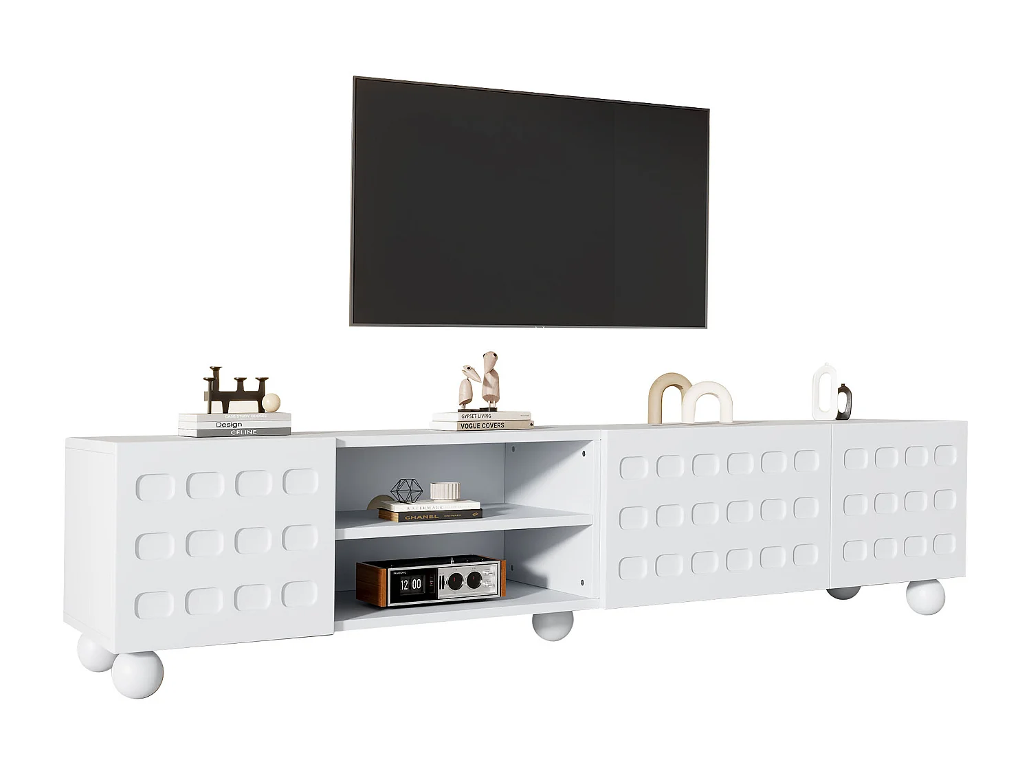 TV-Schrank 200x40x44 cm - 3 Türen - Halboffene Ablage - Bedruckte Türen - Spanplatten - Weiß