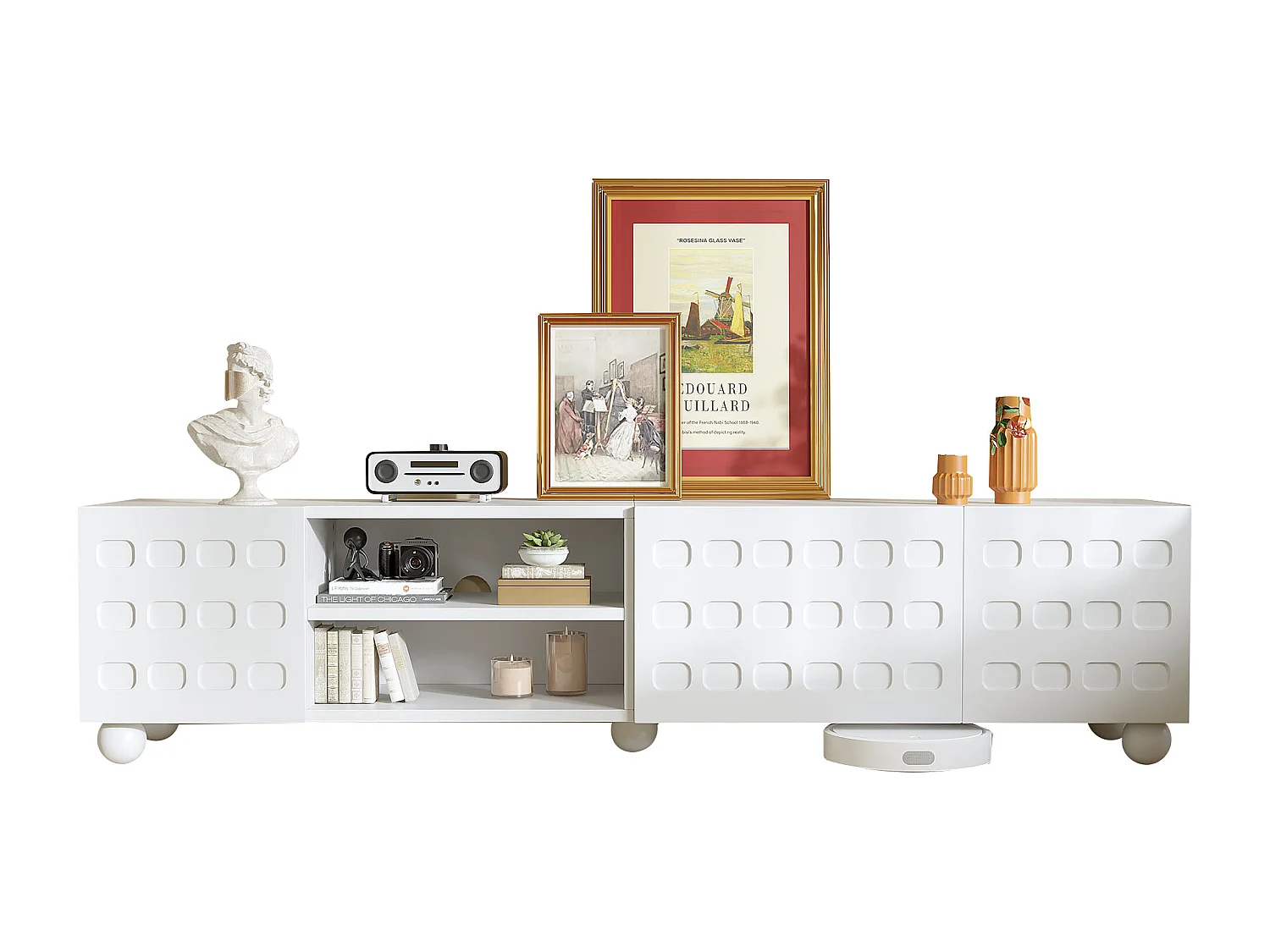 TV-Schrank 200x40x44 cm - 3 Türen - Halboffene Ablage - Bedruckte Türen - Spanplatten - Weiß