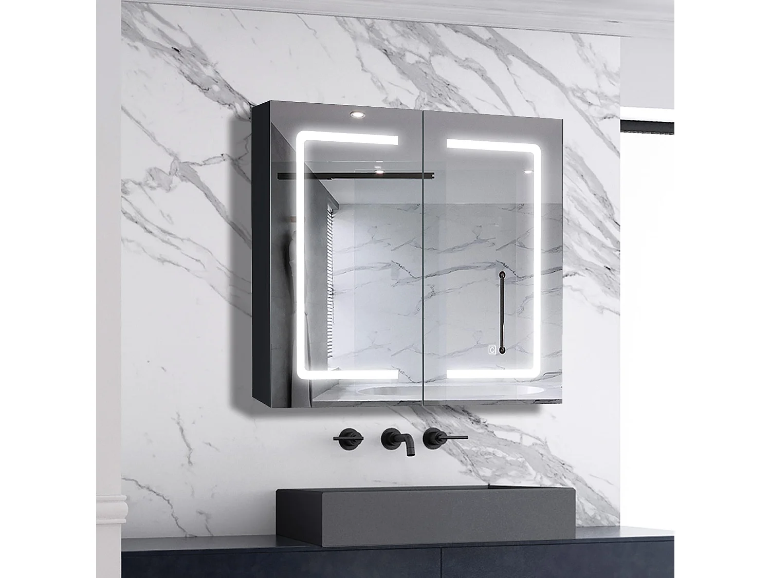 AICA LED Spiegelschrank 80x70cm,Beschlagfrei,3 Lichtfarbe,Dimmbar,Steckdose - Hochglanz Schwarz