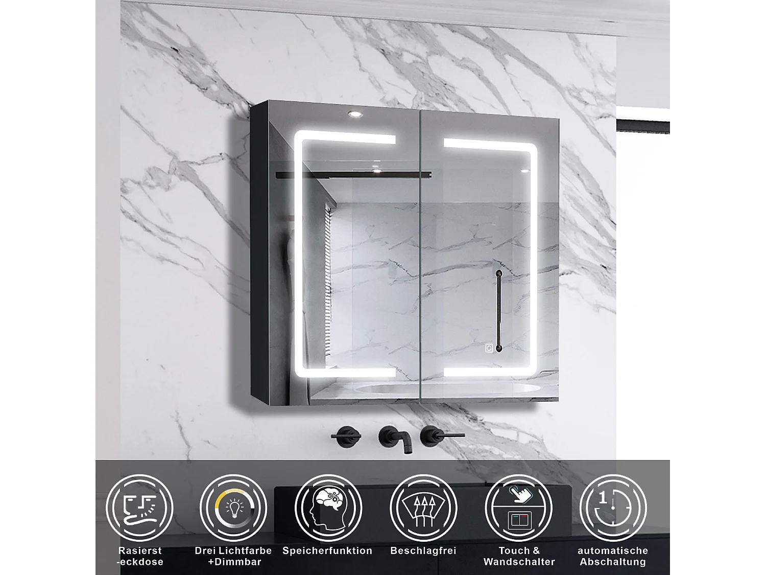 AICA LED Spiegelschrank 80x70cm,Beschlagfrei,3 Lichtfarbe,Dimmbar,Steckdose - Hochglanz Schwarz