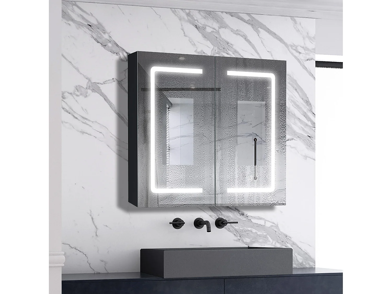 AICA LED Spiegelschrank 80x70cm,Beschlagfrei,3 Lichtfarbe,Dimmbar,Steckdose - Hochglanz Schwarz