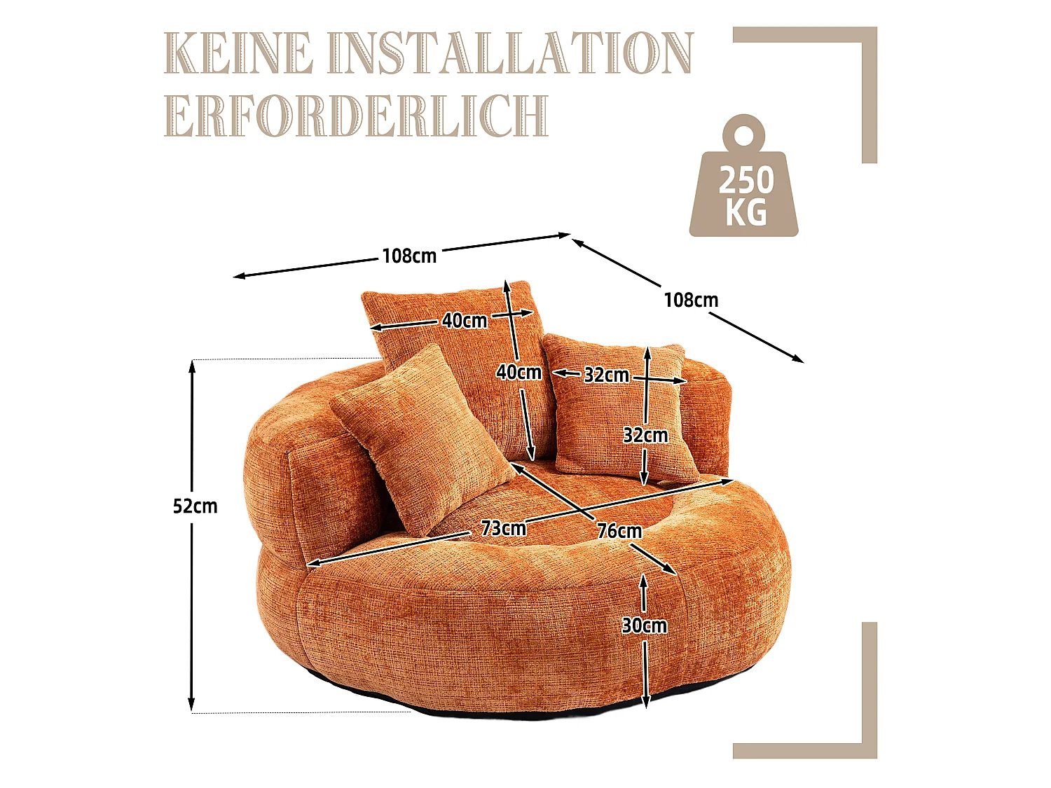 Fauteuil poire avec 3 coussins - Pour adulte et enfant - Chenille orange, sans montage