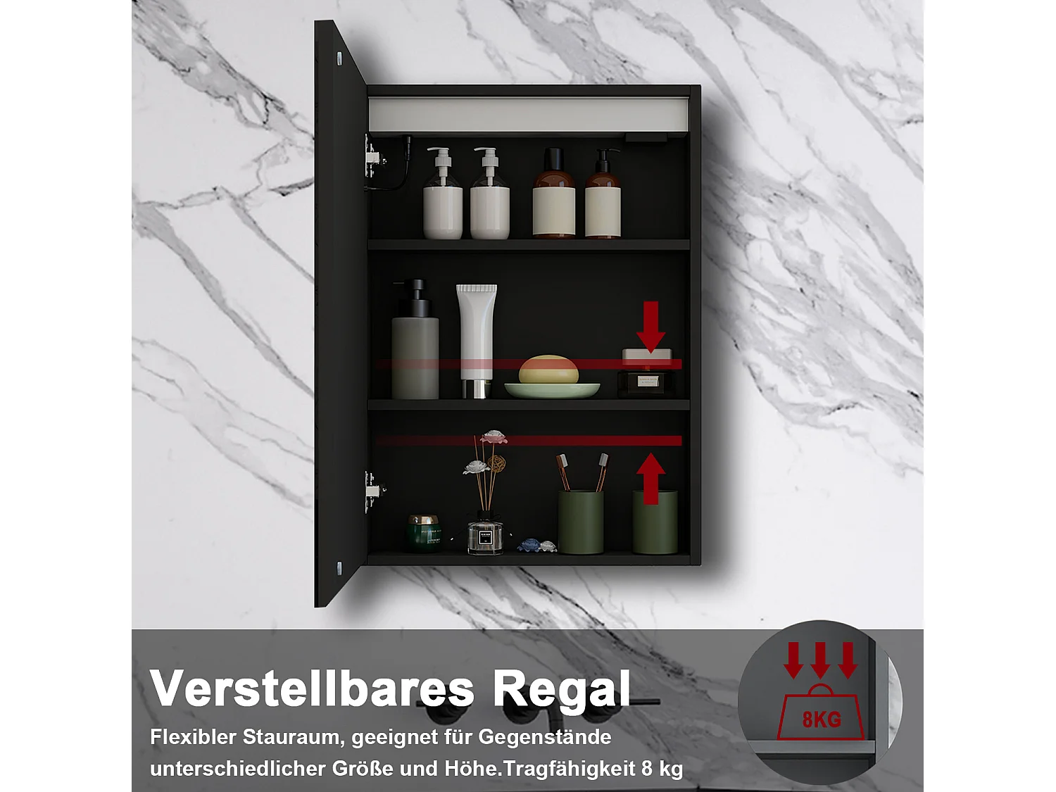 AICA LED Spiegelschrank 40x70cm,Beschlagfrei,3 Lichtfarbe,Dimmbar,Steckdose - Hochglanz Schwarz