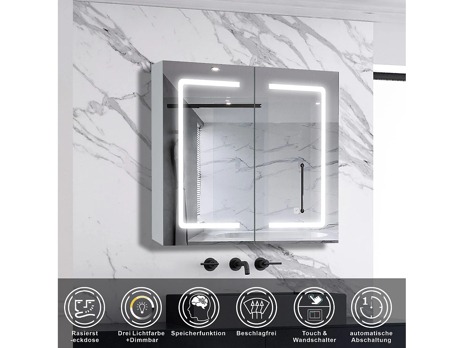 AICA LED Spiegelschrank 80x70cm,Beschlagfrei,3 Lichtfarbe,Dimmbar,Steckdose - Weiß Matt