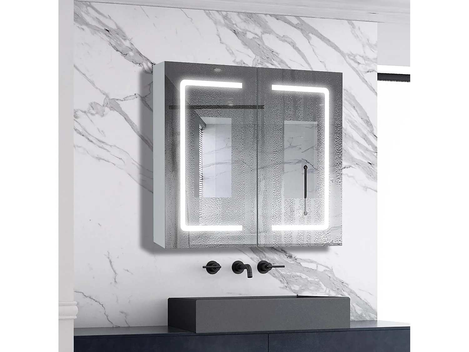 AICA LED Spiegelschrank 80x70cm,Beschlagfrei,3 Lichtfarbe,Dimmbar,Steckdose - Weiß Matt