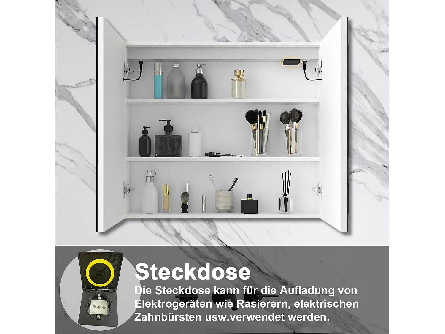 AICA LED Spiegelschrank 80x70cm,Beschlagfrei,3 Lichtfarbe,Dimmbar,Steckdose - Weiß Matt