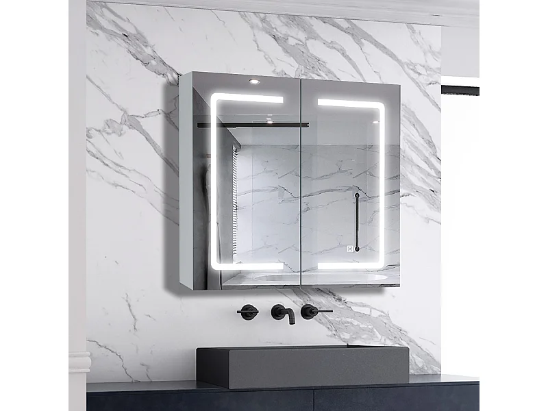 AICA LED Spiegelschrank 80x70cm,Beschlagfrei,3 Lichtfarbe,Dimmbar,Steckdose - Weiß Matt