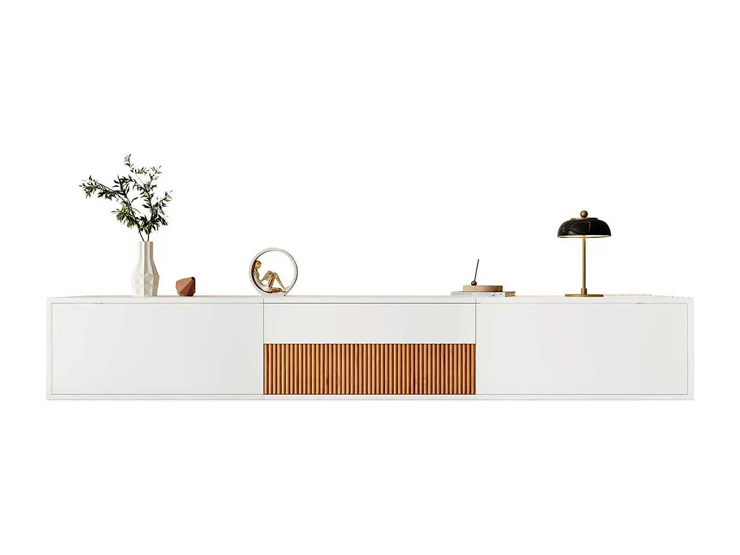 Moderner TV-Schrank 180x34x30 cm - Wandmontage/Auf Standfüßen - 3 Türen - Ausziehbare Ablagen - Spanplatten - Weiß und natur