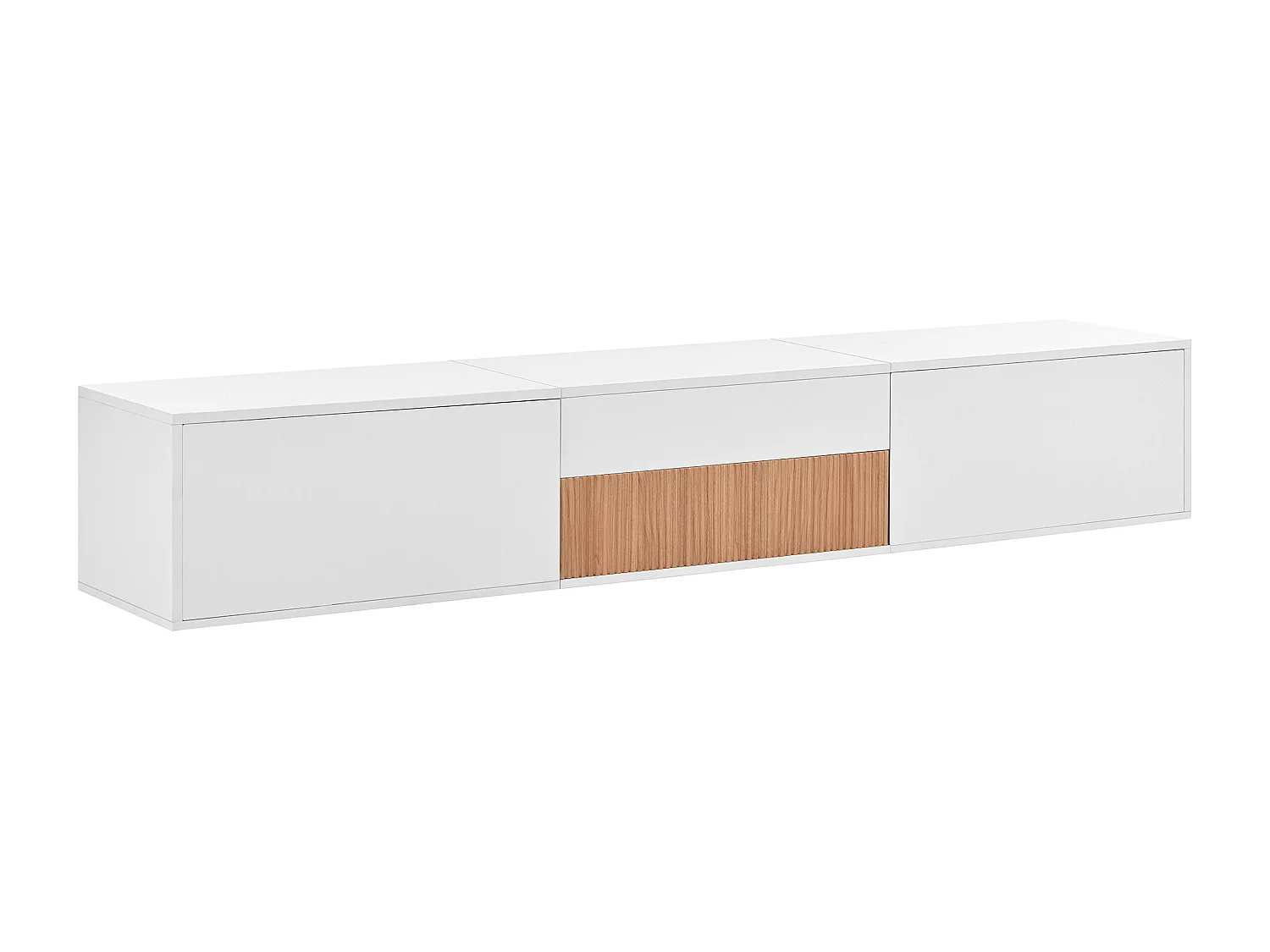Moderner TV-Schrank 180x34x30 cm - Wandmontage/Auf Standfüßen - 3 Türen - Ausziehbare Ablagen - Spanplatten - Weiß und natur