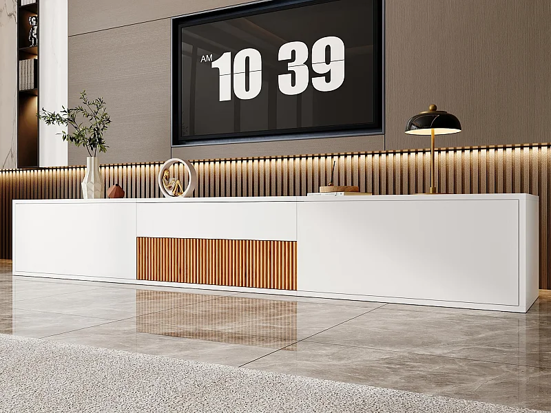 Moderner TV-Schrank 180x34x30 cm - Wandmontage/Auf Standfüßen - 3 Türen - Ausziehbare Ablagen - Spanplatten - Weiß und natur