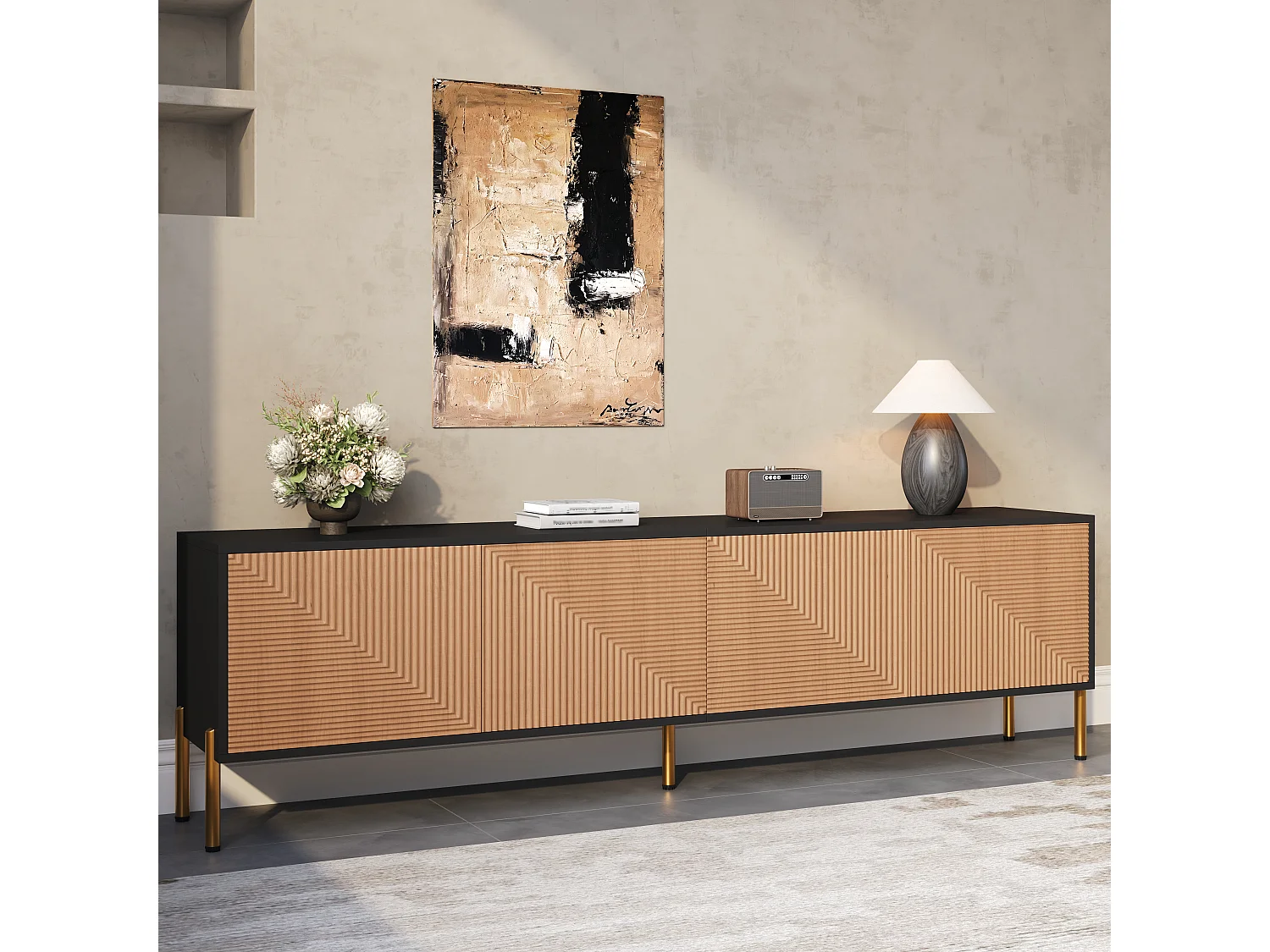 Moderner TV-Schrank 179x35x53,5 cm - 4 Türen - Metallfüße - Griffleoses Design - Spanplatten - Natur und schwarz