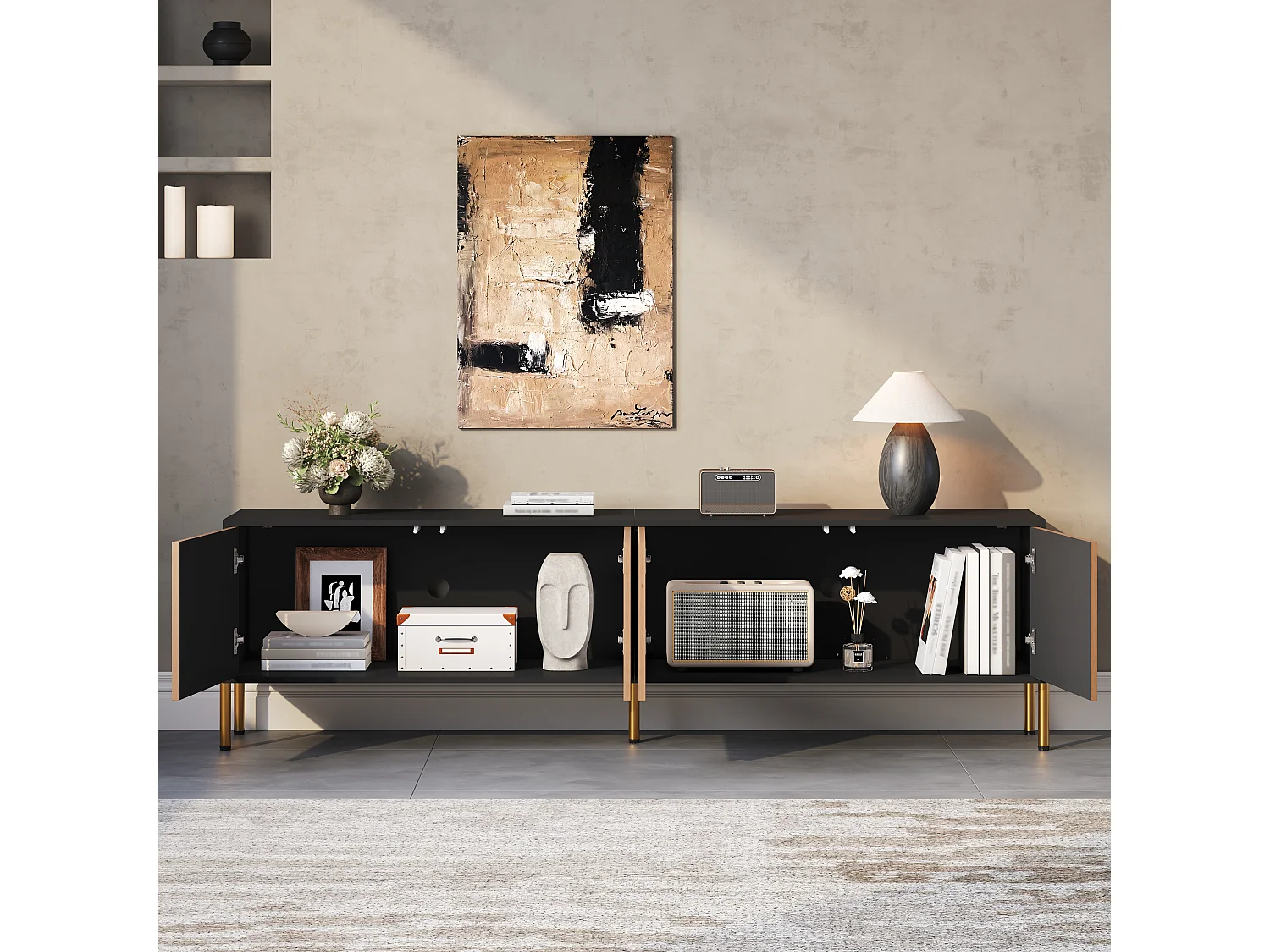 Moderner TV-Schrank 179x35x53,5 cm - 4 Türen - Metallfüße - Griffleoses Design - Spanplatten - Natur und schwarz