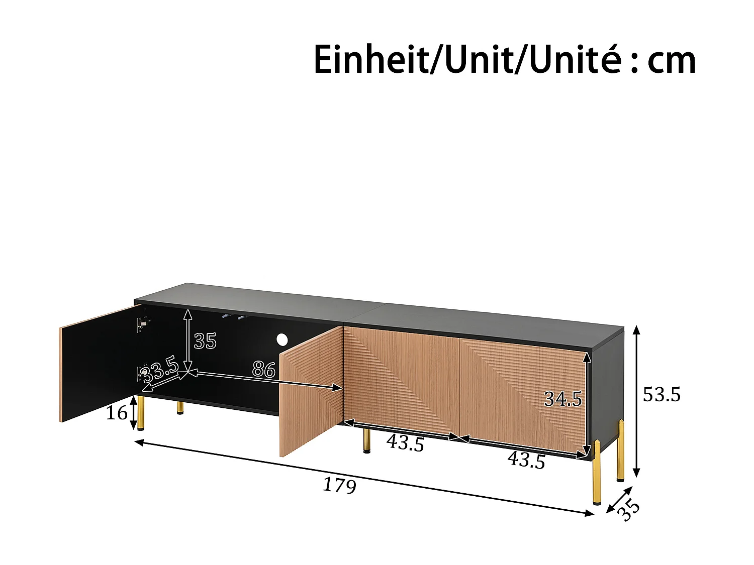 Moderner TV-Schrank 179x35x53,5 cm - 4 Türen - Metallfüße - Griffleoses Design - Spanplatten - Natur und schwarz