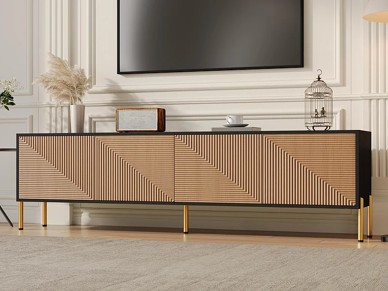 Moderner TV-Schrank 179x35x53,5 cm - 4 Türen - Metallfüße - Griffleoses Design - Spanplatten - Natur und schwarz