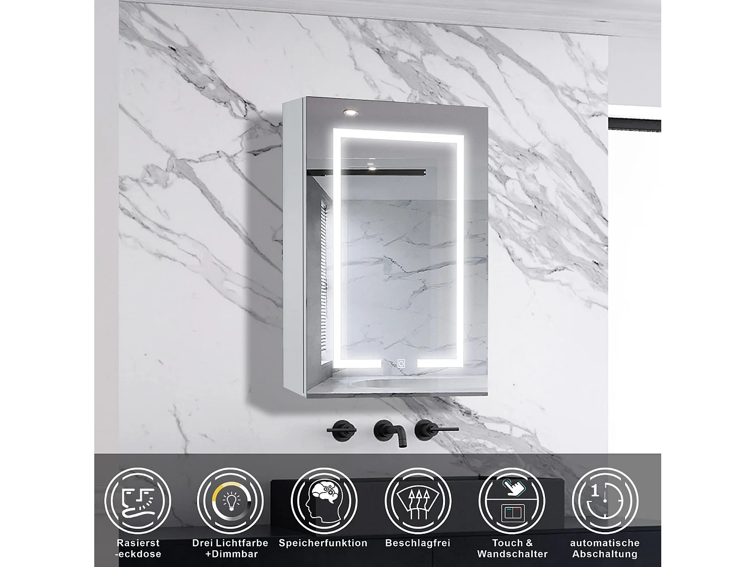 AICA LED Spiegelschrank 40x70cm,Beschlagfrei,3 Lichtfarbe,Dimmbar,Steckdose - Weiß Matt