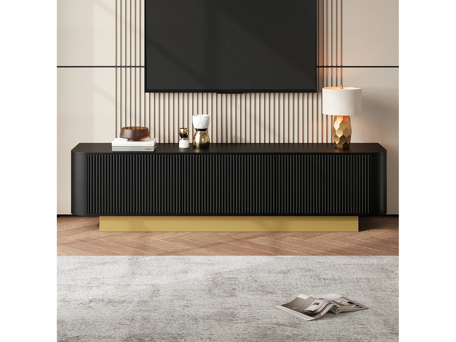Meuble TV moderne 170x40x47cm - Design rond - 3 portes - Étagères réglables - Noir