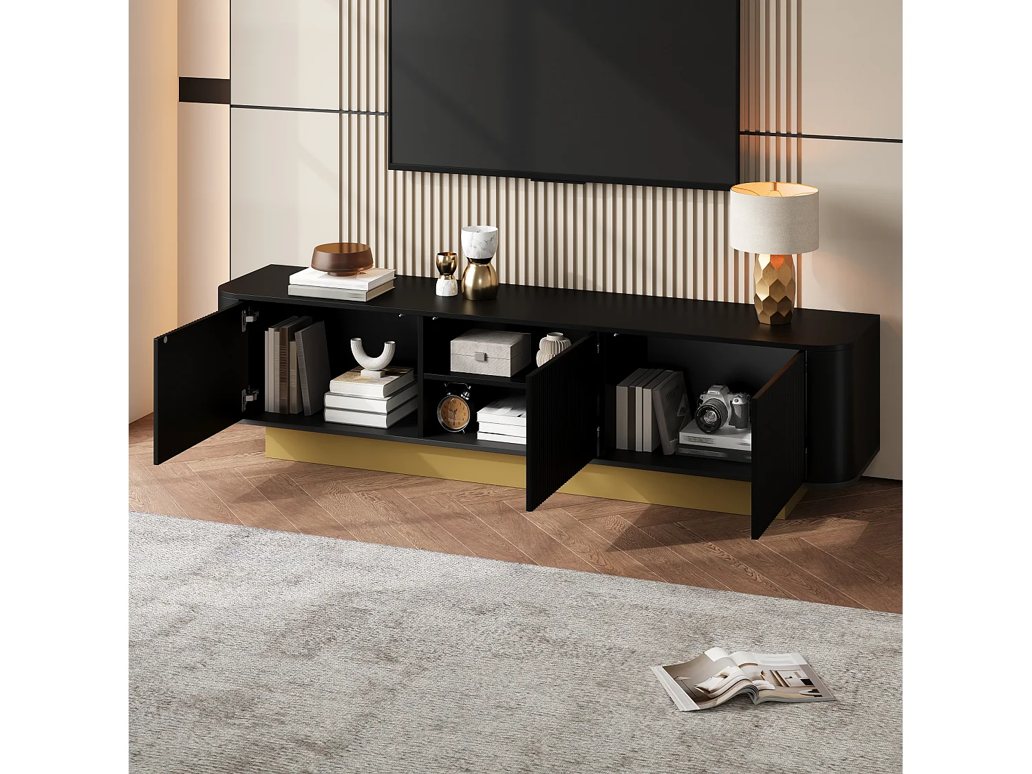 Meuble TV moderne 170x40x47cm - Design rond - 3 portes - Étagères réglables - Noir