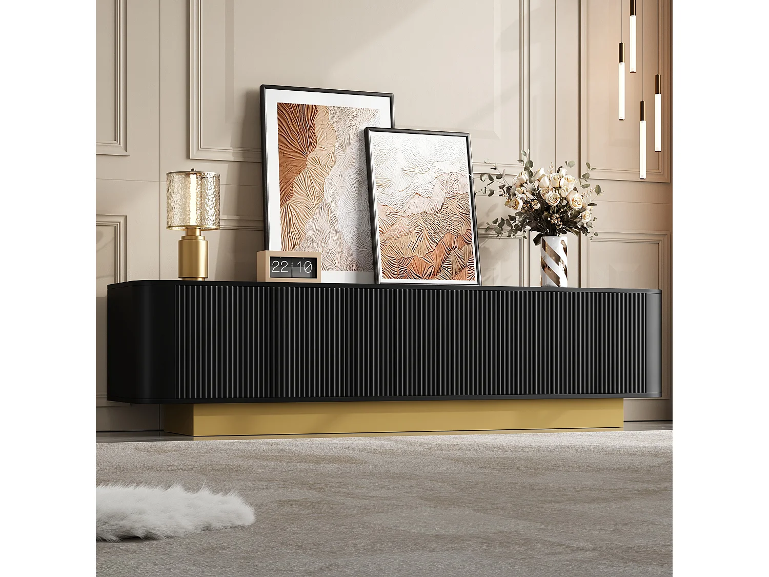 Meuble TV moderne 170x40x47cm - Design rond - 3 portes - Étagères réglables - Noir