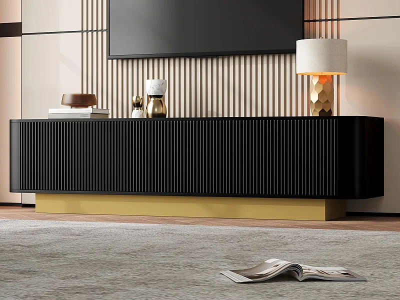 Moderner TV-Schrank 170x40x47cm - Runden Design - 3 Türen - Höhenverstellbare Regalböden - Schwarz