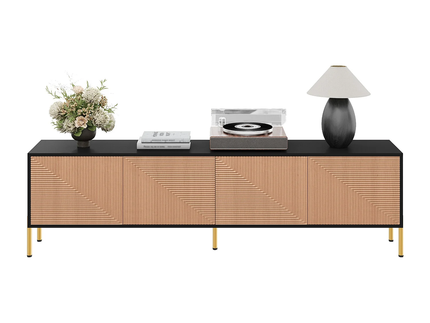 Moderner TV-Ständer – 179 x 35 x 53,5 cm – einzigartiges Design – mit 4 Türen – Spanplatte – schwarz + natur