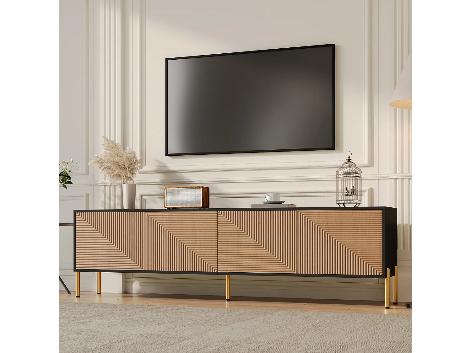 Moderner TV-Ständer – 179 x 35 x 53,5 cm – einzigartiges Design – mit 4 Türen – Spanplatte – schwarz + natur
