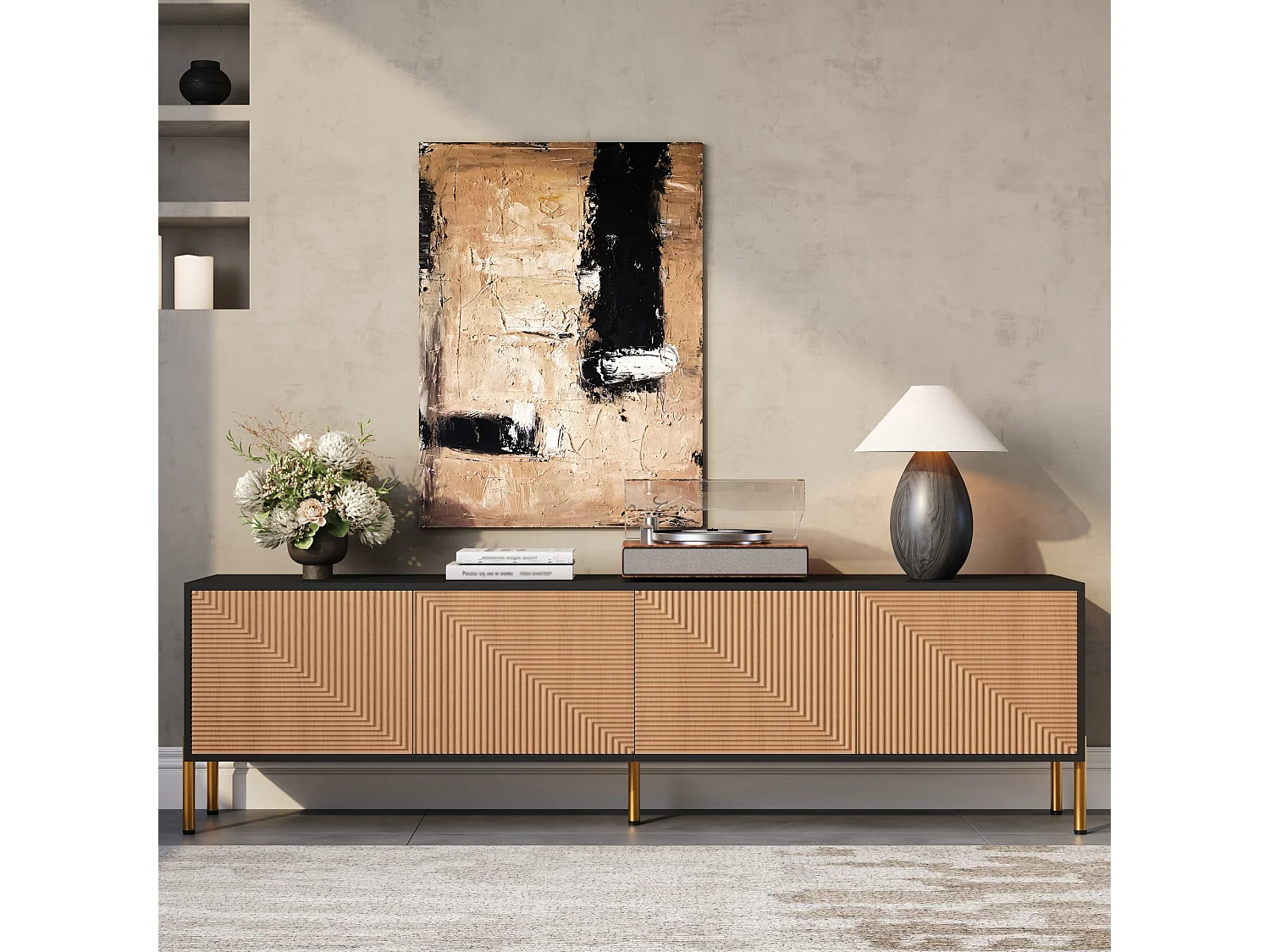 Moderner TV-Ständer – 179 x 35 x 53,5 cm – einzigartiges Design – mit 4 Türen – Spanplatte – schwarz + natur