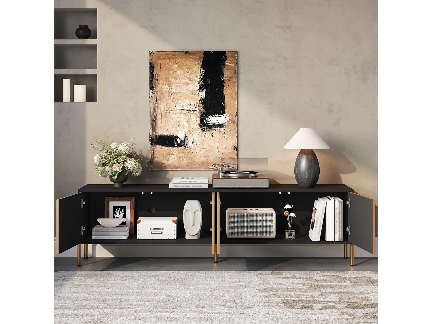 Moderner TV-Ständer – 179 x 35 x 53,5 cm – einzigartiges Design – mit 4 Türen – Spanplatte – schwarz + natur