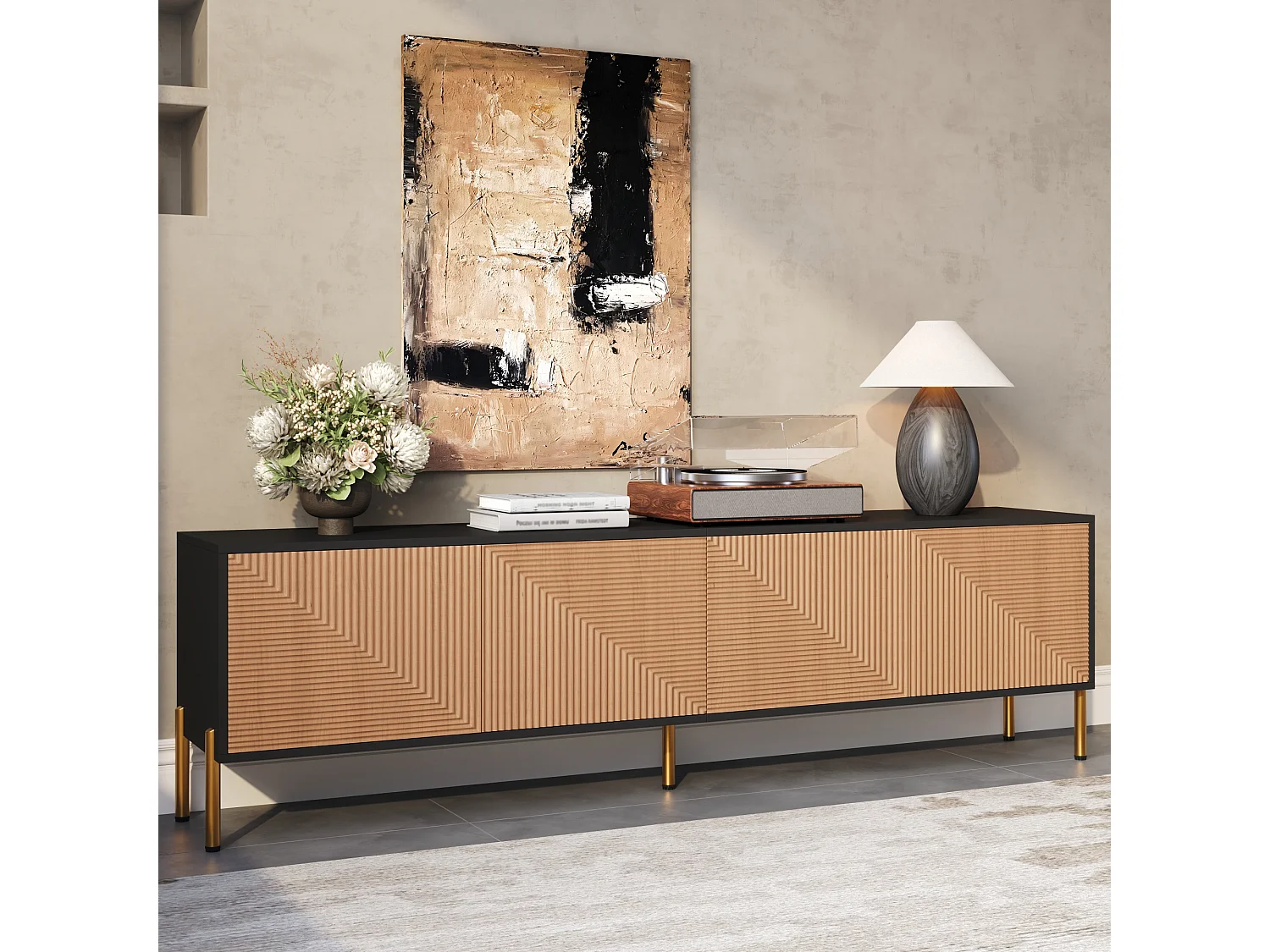 Moderner TV-Ständer – 179 x 35 x 53,5 cm – einzigartiges Design – mit 4 Türen – Spanplatte – schwarz + natur