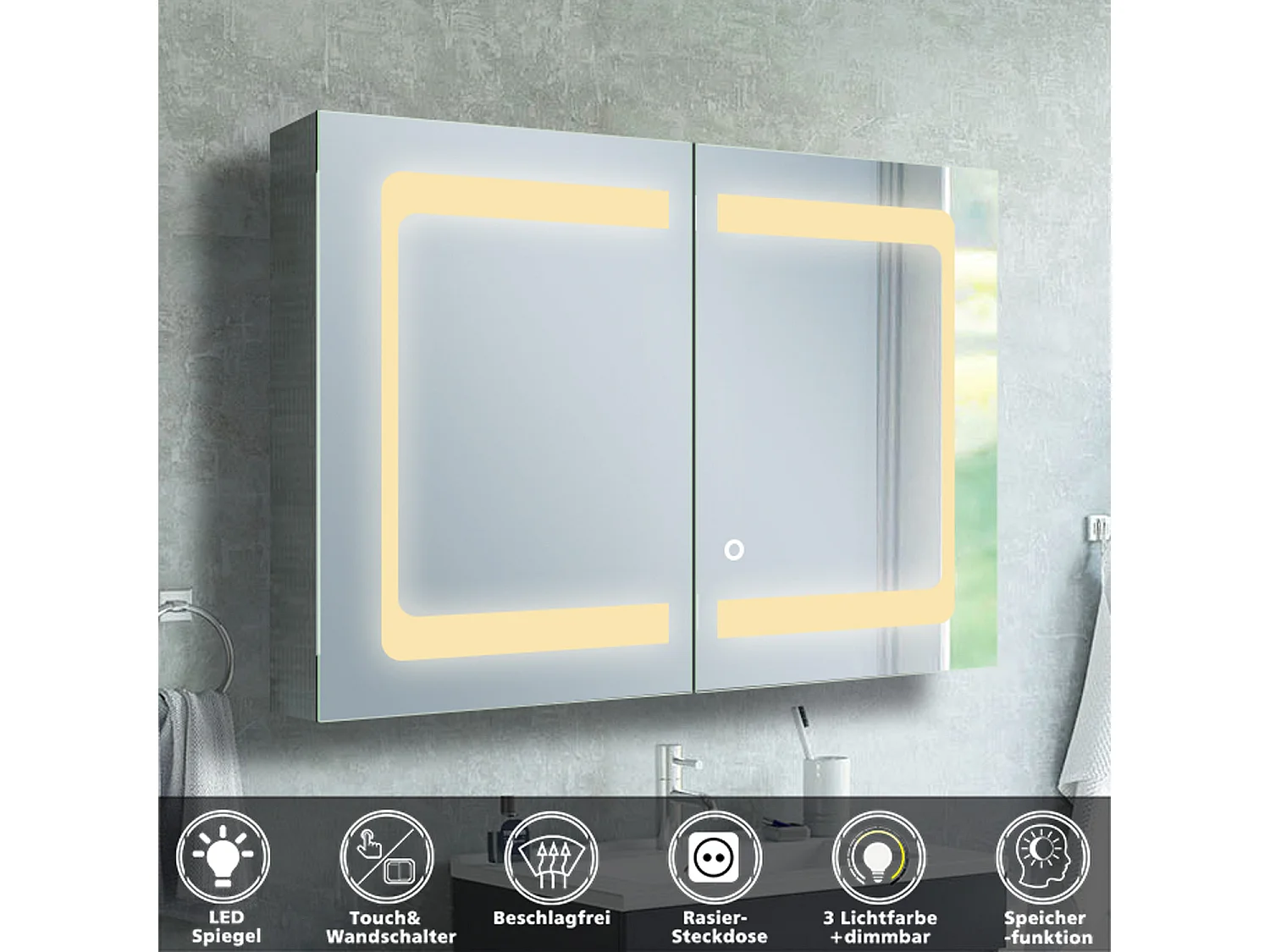 AICA LED Spiegelschrank 80x60cm,Beschlagfrei,3 Lichtfarbe,Dimmbar,Steckdose