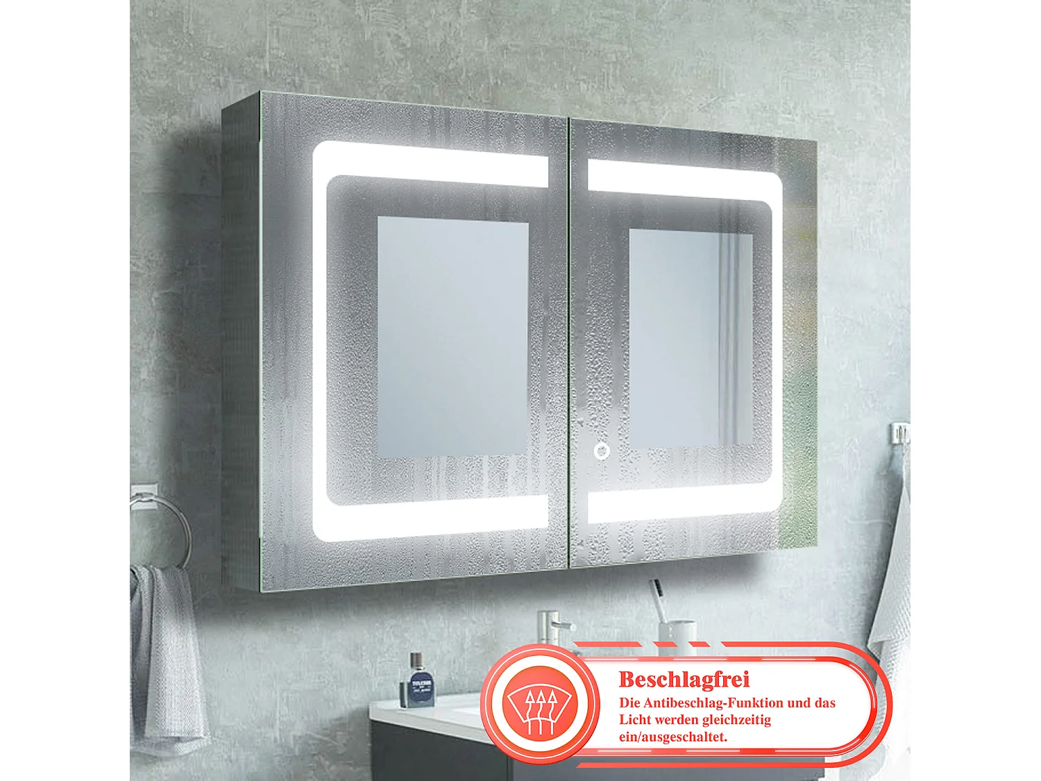AICA LED Spiegelschrank 80x60cm,Beschlagfrei,3 Lichtfarbe,Dimmbar,Steckdose